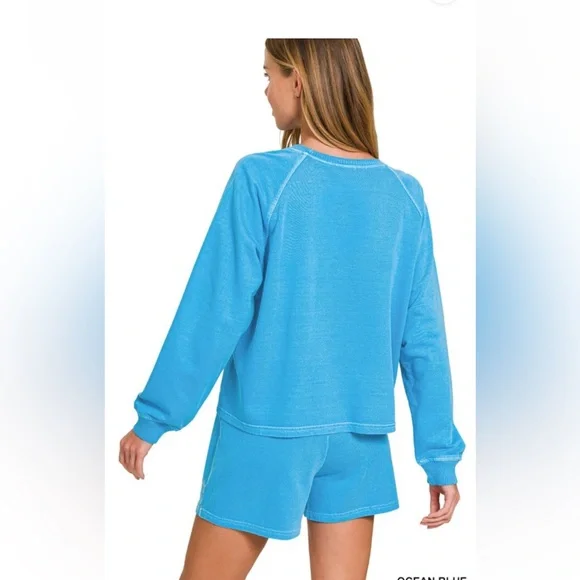 Zenana  Blue Long Sleeve Top and Shorts Set - Picture 3 of 3